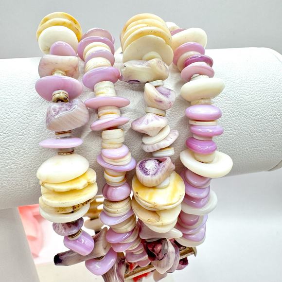 Wampum Quahog Heishi Four Strand Bracelet Slide Lock Clasp Beachy Coastal Shell - Picture 6 of 16